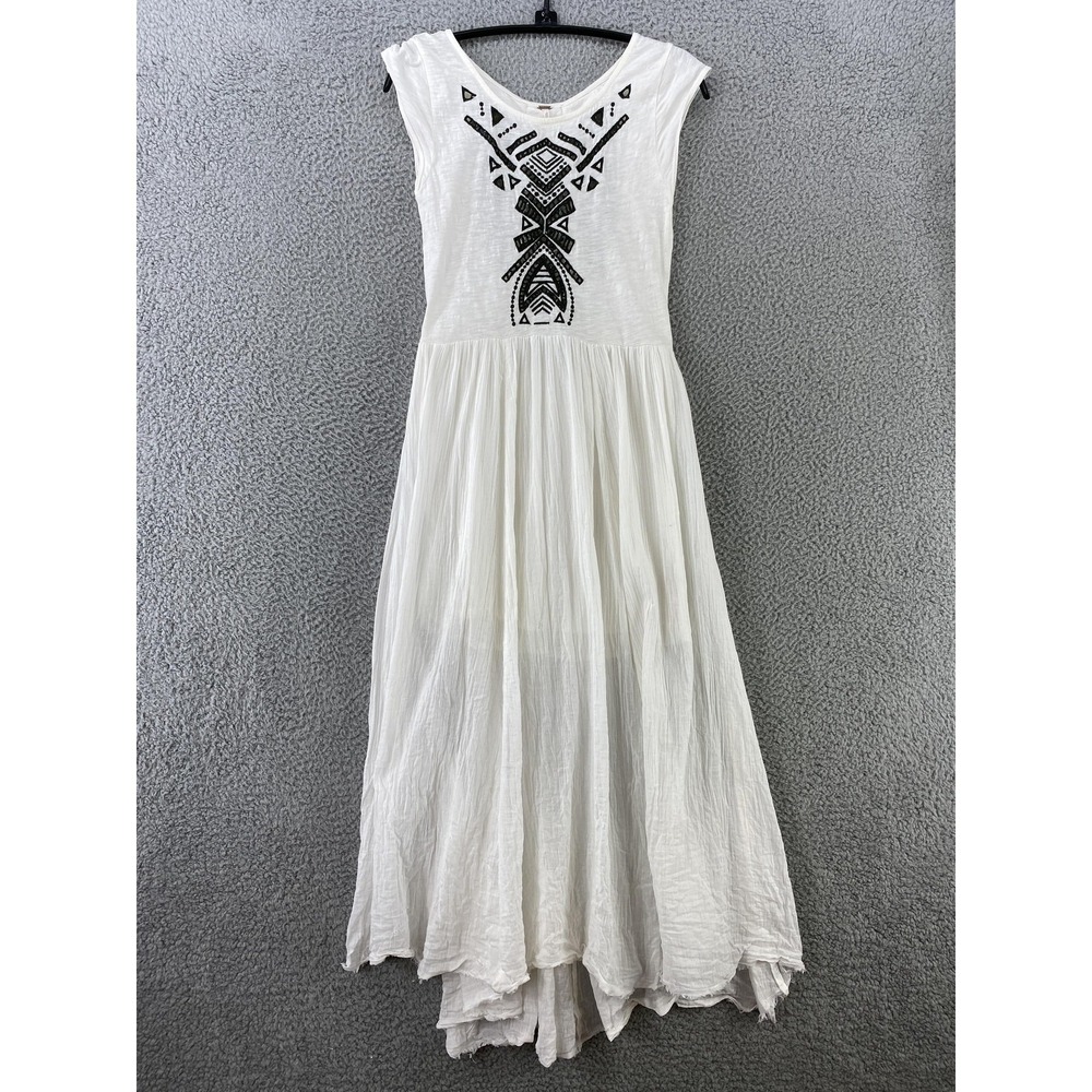 Free People Dress Womens XS White Geometric Embroidered Fit Flare Boho‎ Backless - Picture 1 of 13